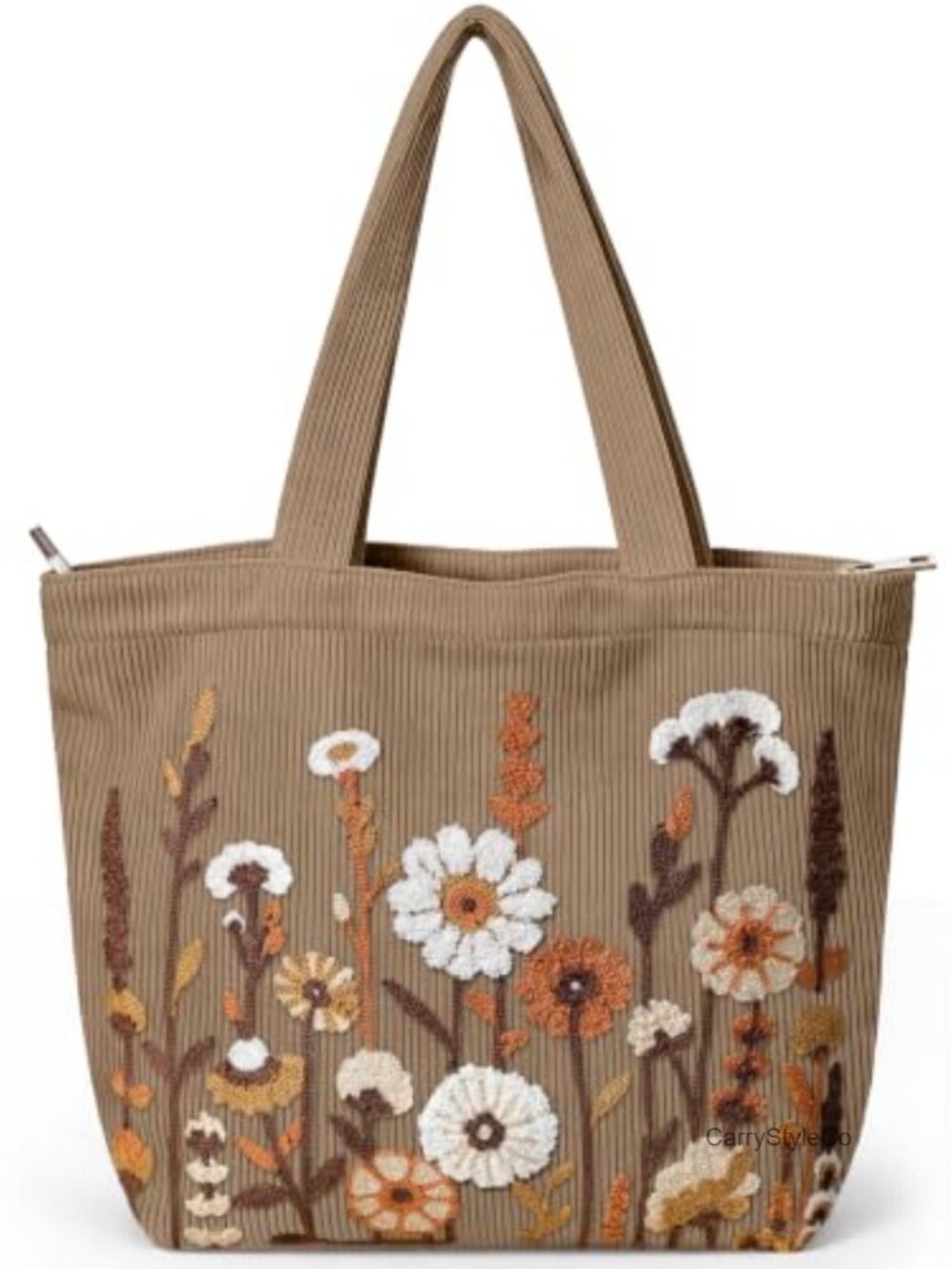 Chenille Embroidery Corduroy Tote Bag with Zipper Shoulder Purse